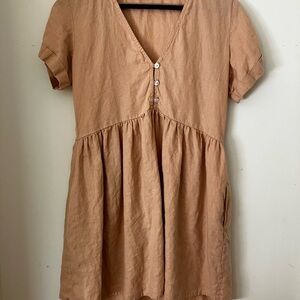 Peach 100% Linen V-Neck Buttoned Baby Doll Women's dress with pockets